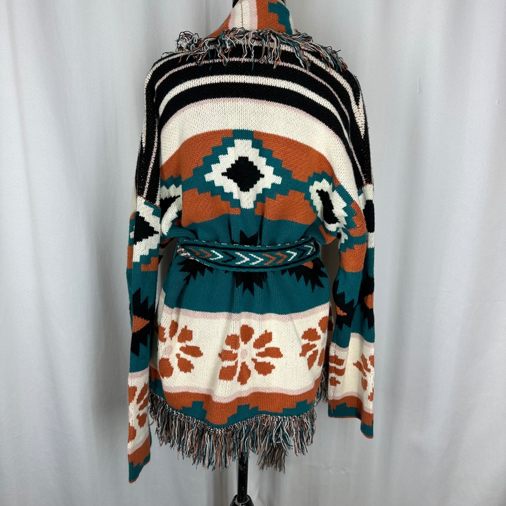 Wonderly Southwestern Aztec Fringe Belted Cardigan Sweater Teal Rust 1X - Picture 4 of 9